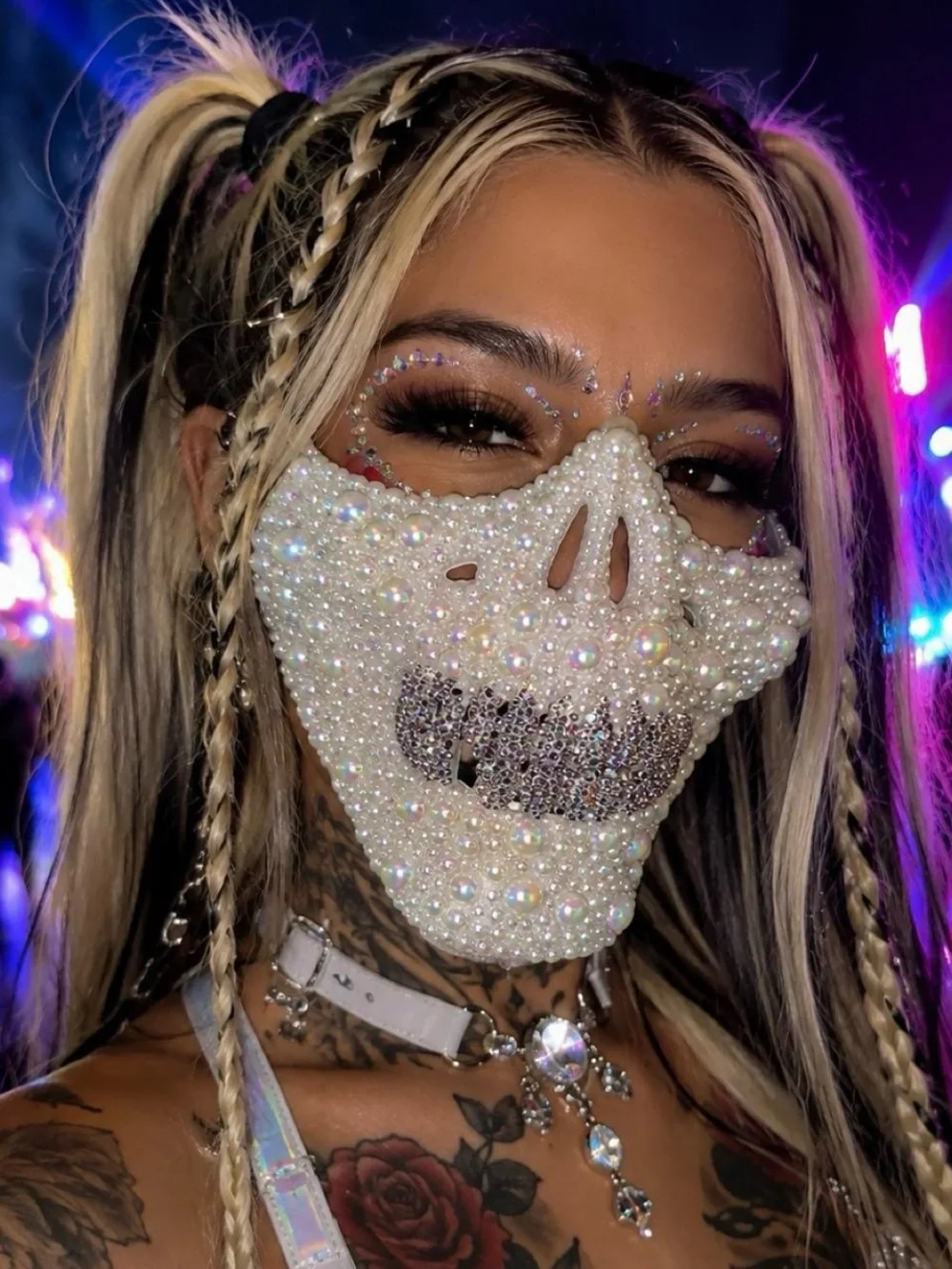 White Half Skull Mask Blinged Out Red Crystal Grillz EDC Rave Costume Halloween